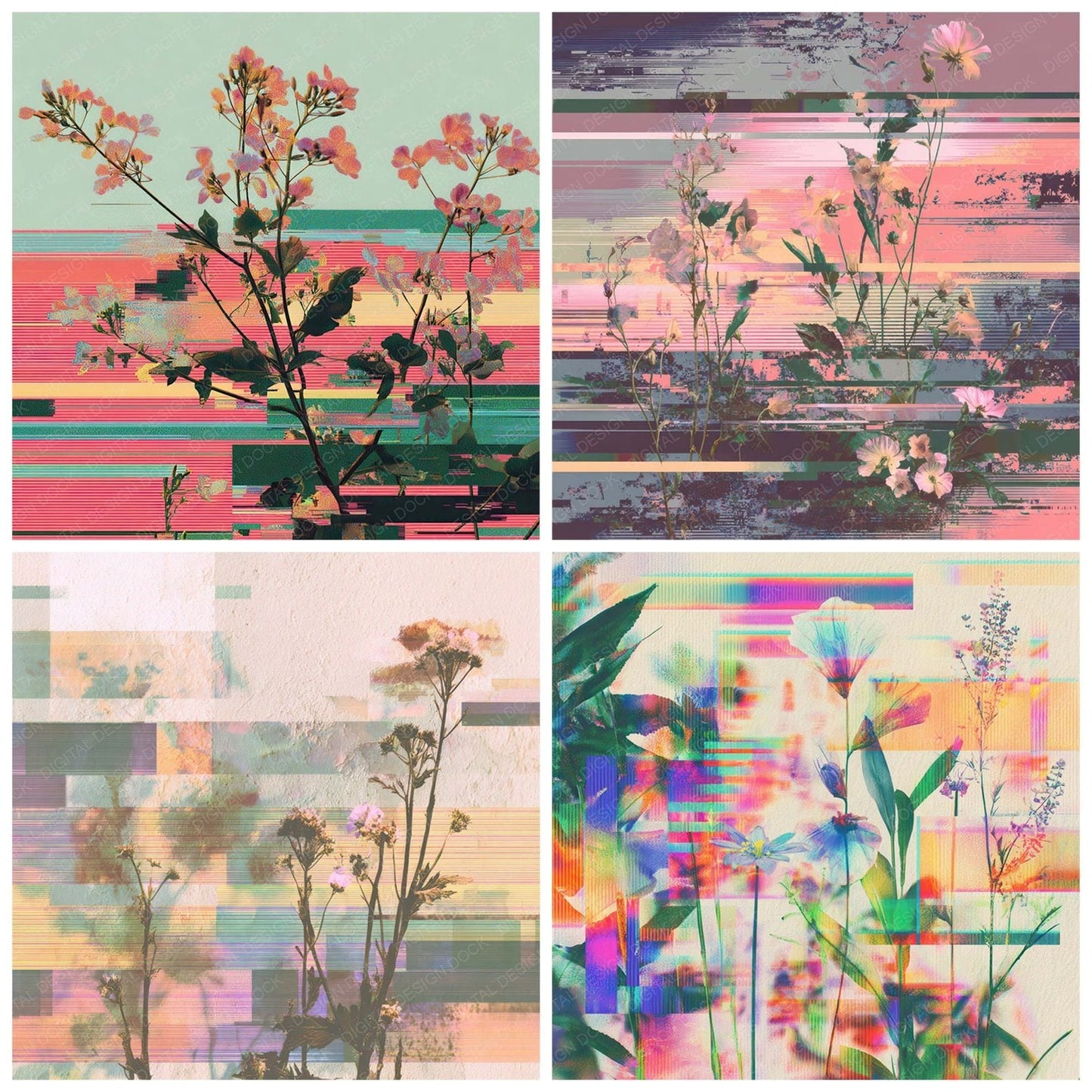 Glitch Botanical Texture Digital Paper Pack (DDD008777)