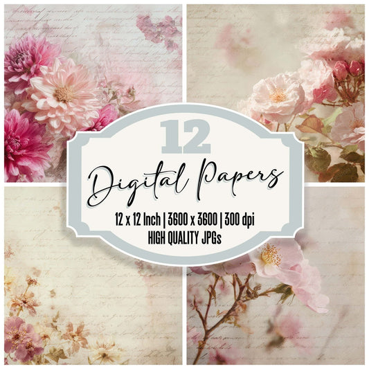 Vintage Floral Script Digital Paper Pack (DDD008825)