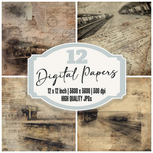 Antique Train Ticket Platform Background Digital Paper Pack (DDD008831)