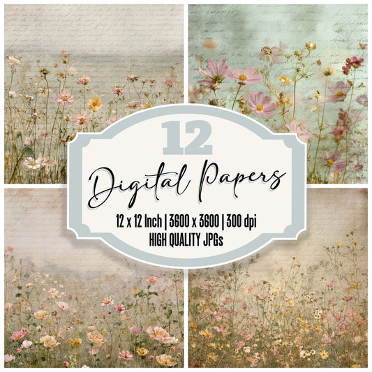 Antique Wildflower Meadow Background Digital Paper Pack (DDD008832)