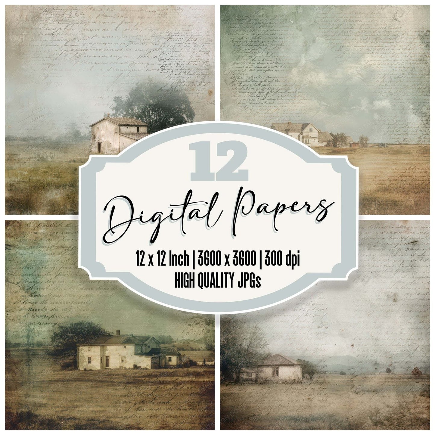 Old Countryside Farmhouse Scene Digital Paper Pack (DDD008835)