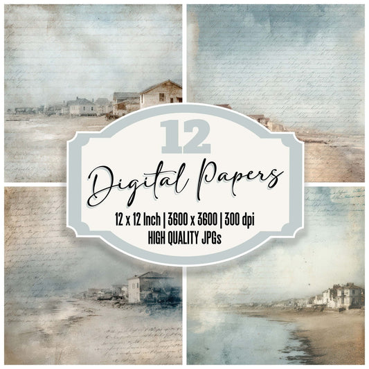 Vintage Coastal Village Seaside Scene Digital Paper Pack (DDD008839)