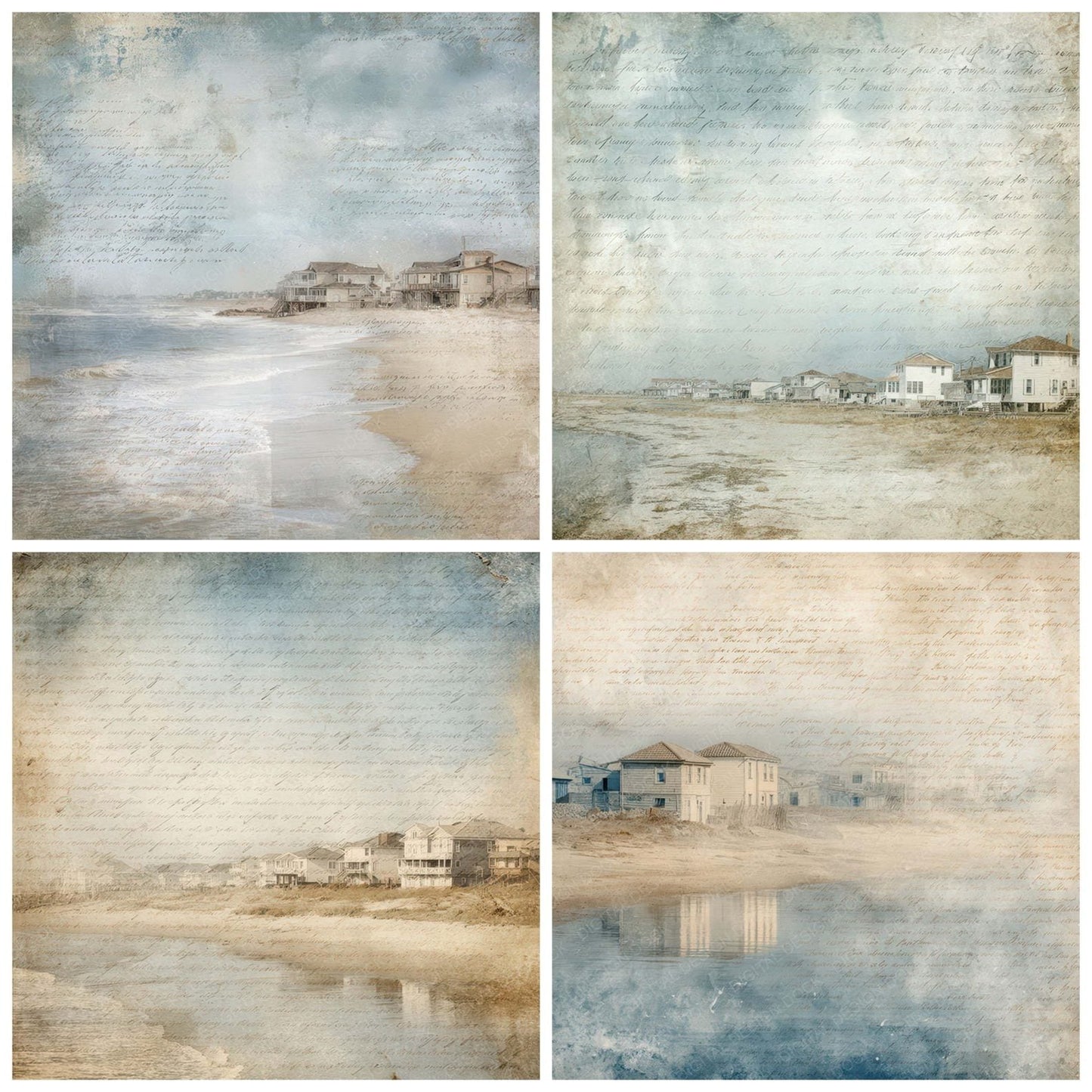 Vintage Coastal Village Seaside Scene Digital Paper Pack (DDD008839)