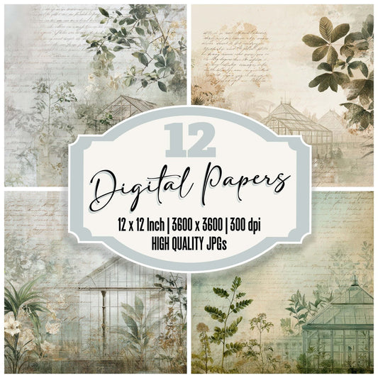 Vintage Greenhouse Script Paper Digital Paper Pack (DDD008842)