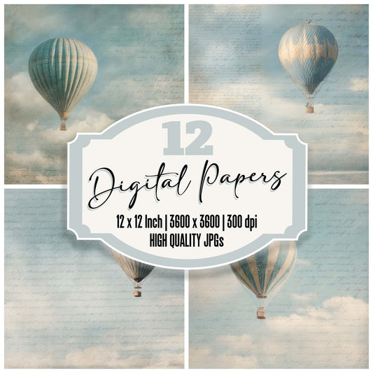 Vintage Hot Air Balloon Sky Scene Digital Paper Pack (DDD008843)