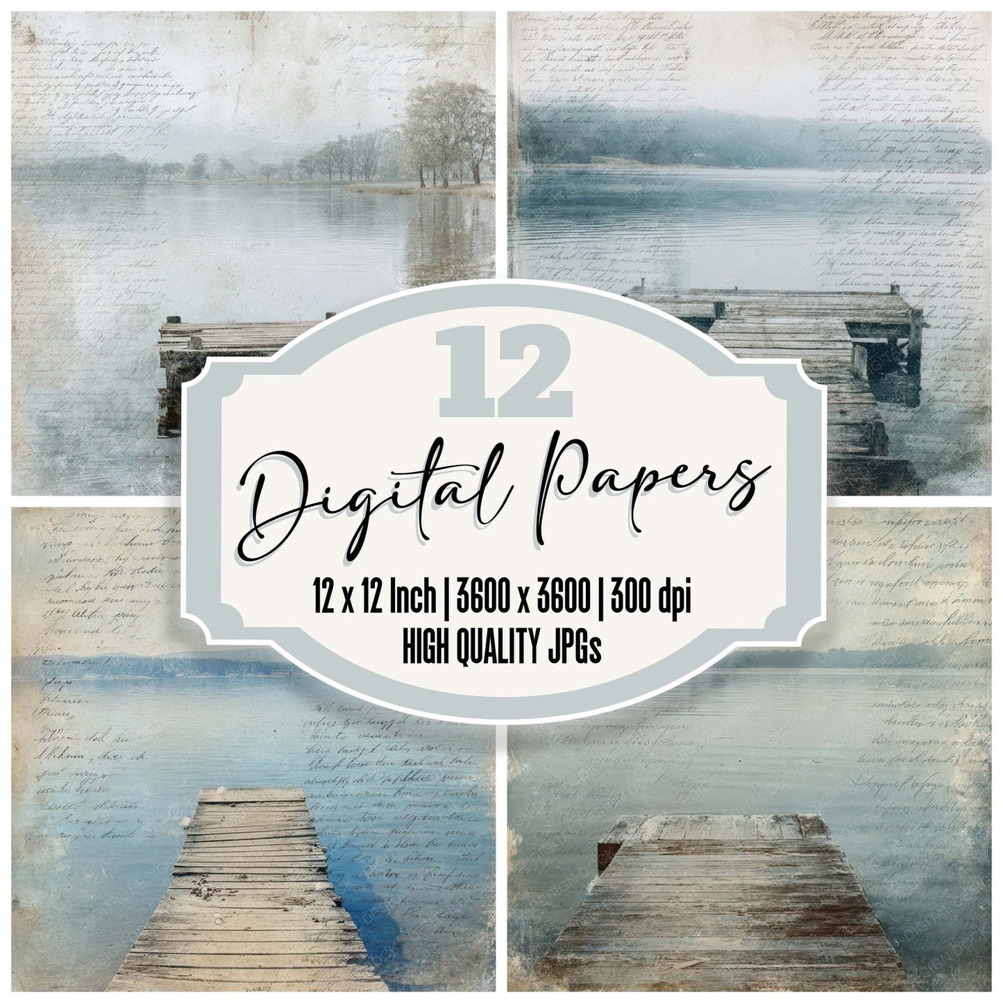 Vintage Lakeside Dock Scene Digital Paper Pack (DDD008844)