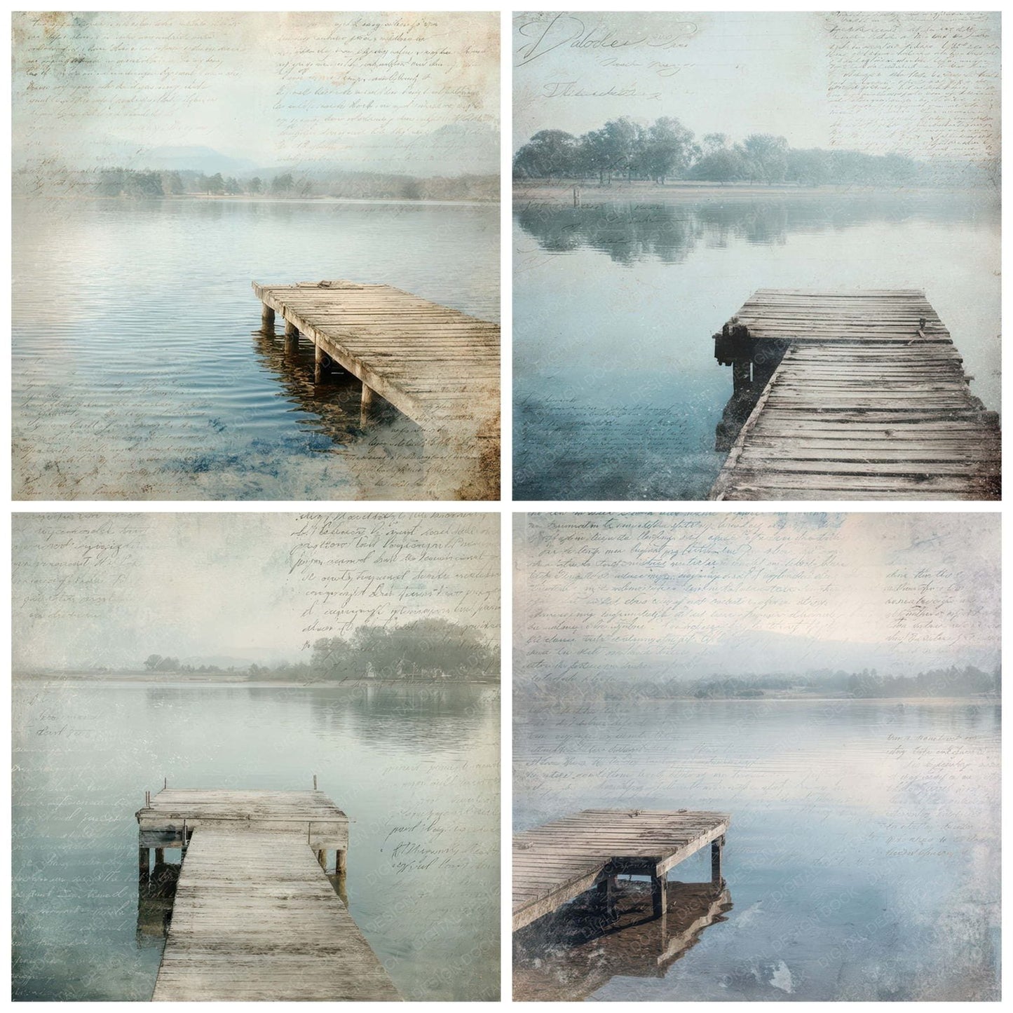 Vintage Lakeside Dock Scene Digital Paper Pack (DDD008844)