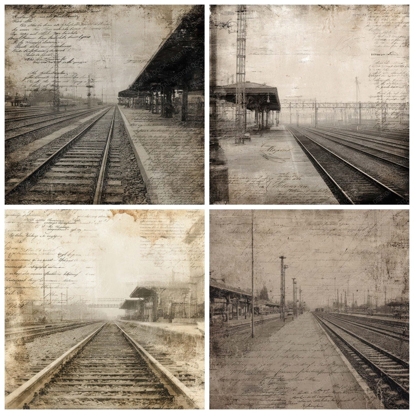 Vintage Train Station Script Digital Paper Pack (DDD008847)