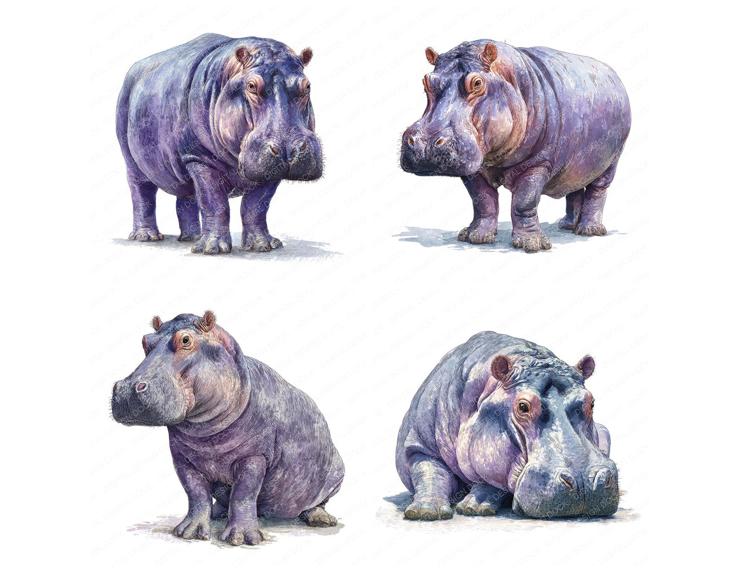 Realistic Hippo Illustration Clipart Set (DDD008854)