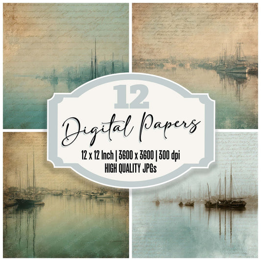 Old Harbor Boats Scene Digital Paper Pack (DDD008875)