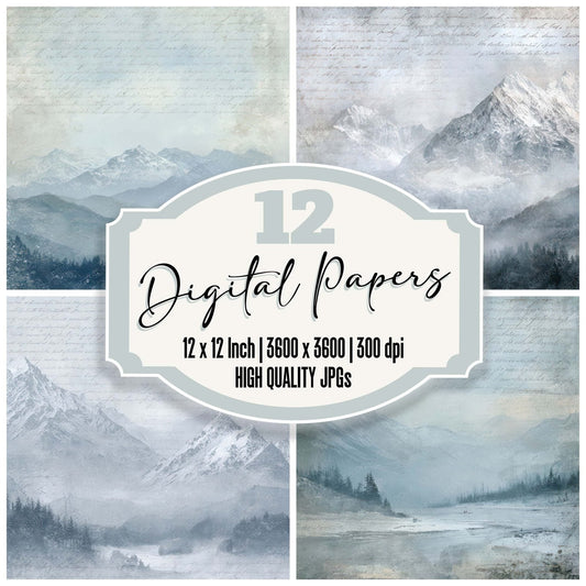 Vintage Snow Mountain Scene Digital Paper Pack (DDD008885)