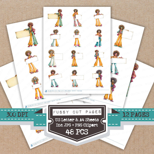 70s Disco Woman with Banner fussy cut printable sheets for junk journaling, scrapbooking, and paper craft projects