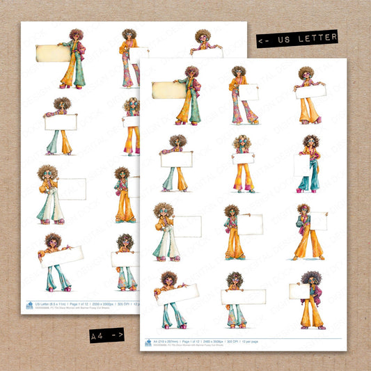 A4 and US Letter format comparison showing 70s Disco Woman with Banner fussy cut pages for print and cut crafting