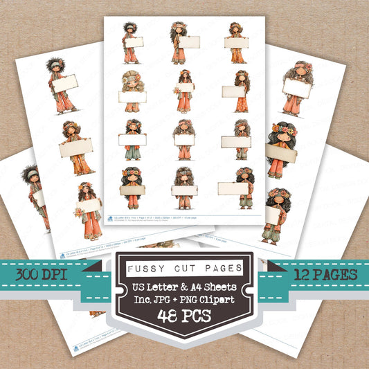 70s Hippie Woman with Banner fussy cut printable sheets for junk journaling, scrapbooking, and paper craft projects
