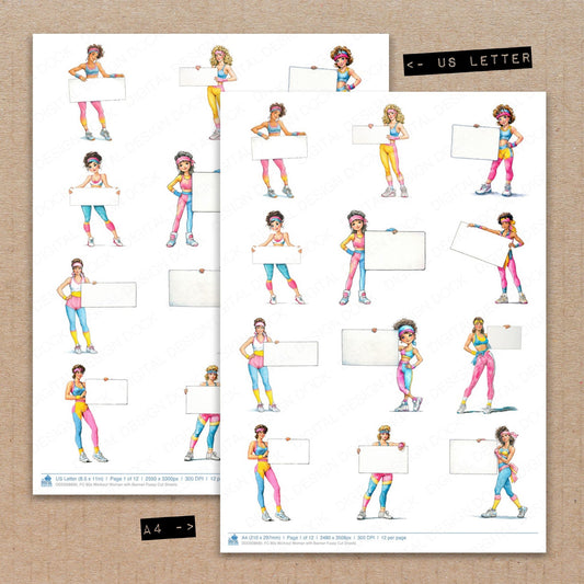 A4 and US Letter format comparison showing 80s Workout Woman with Banner fussy cut pages for print and cut crafting