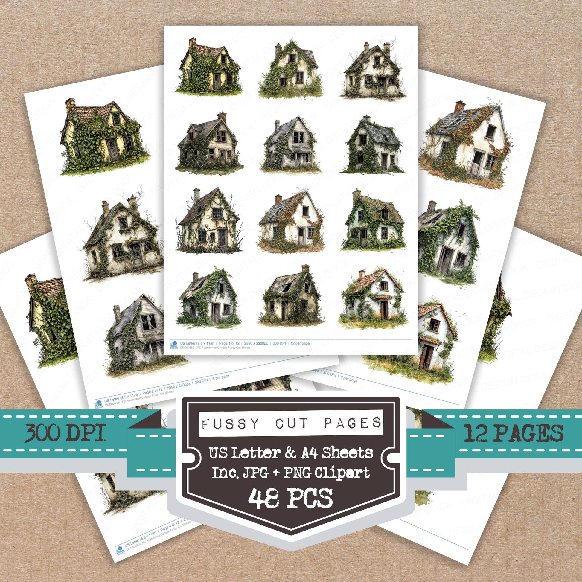 Abandoned Cottage fussy cut printable sheets for junk journaling, scrapbooking, and paper craft projects
