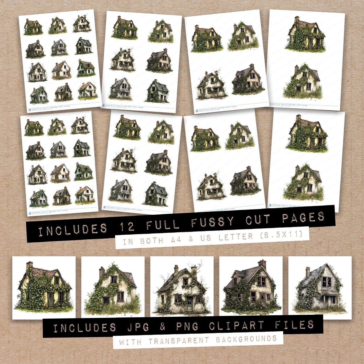 Full collection view of Abandoned Cottage fussy cut sheets with bonus clipart JPG and PNG files