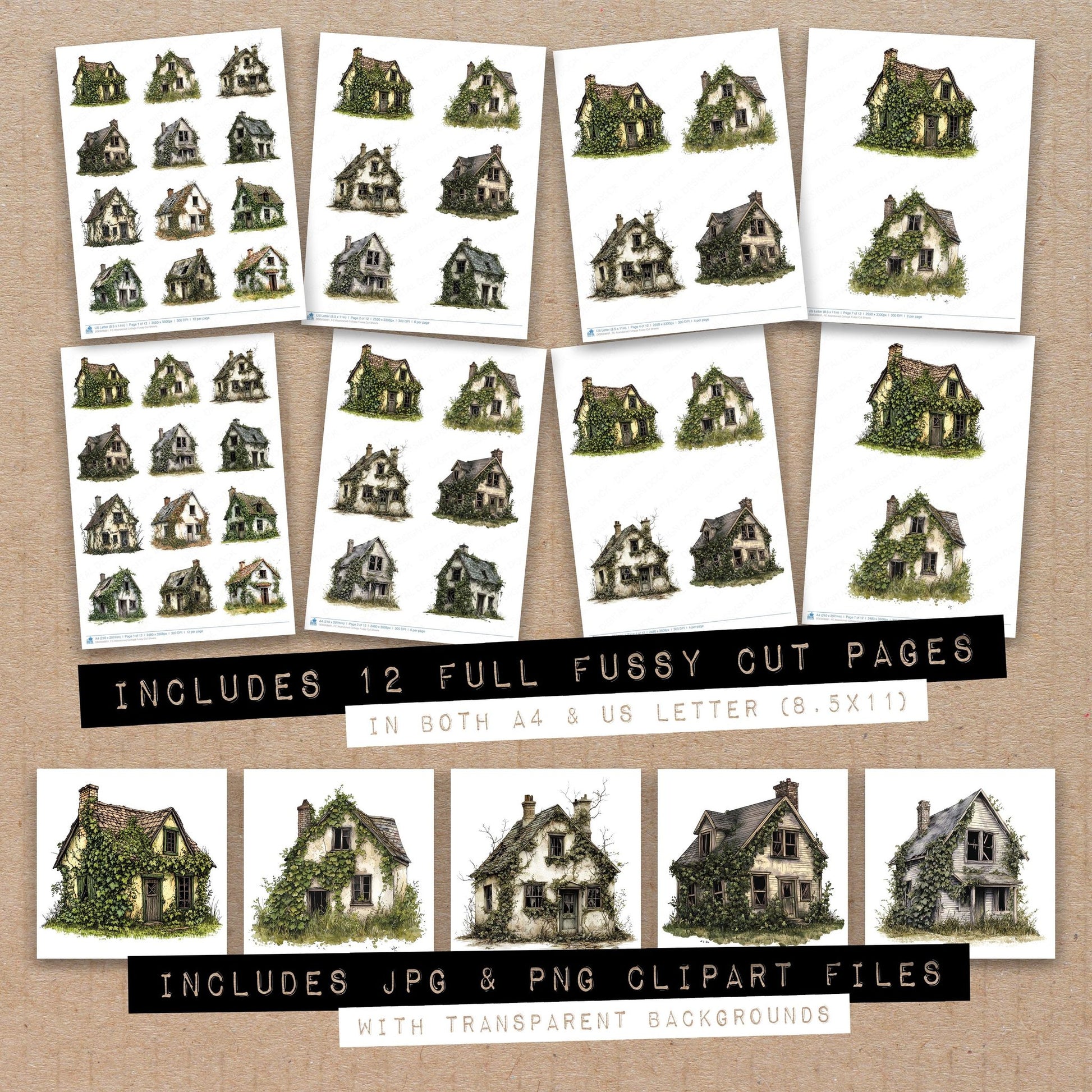 Full collection view of Abandoned Cottage fussy cut sheets with bonus clipart JPG and PNG files