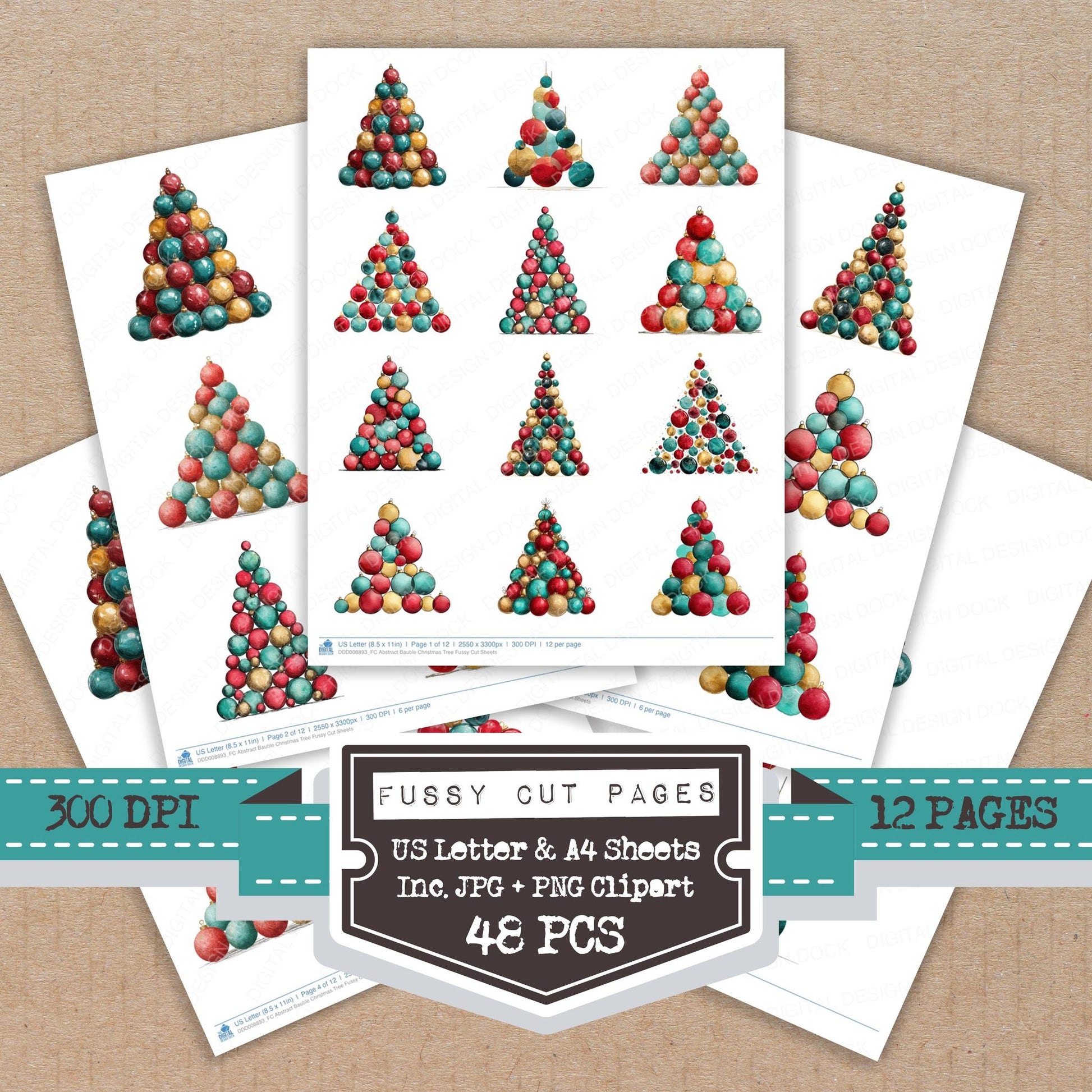 Abstract Bauble Christmas Tree fussy cut printable sheets for junk journaling, scrapbooking, and paper craft projects