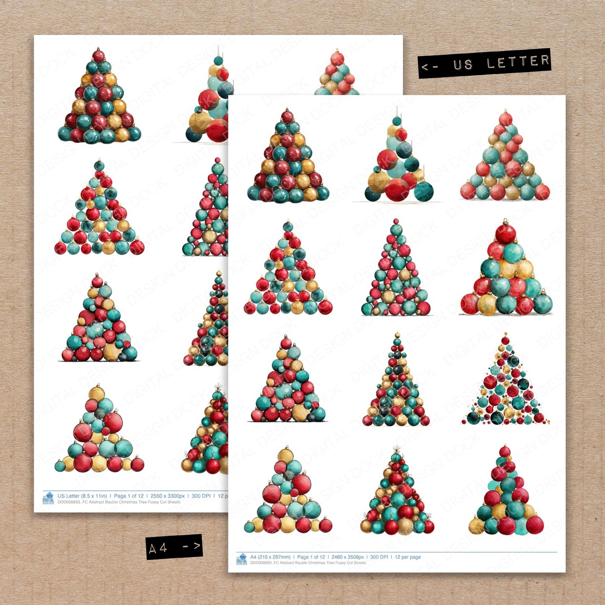 A4 and US Letter format comparison showing Abstract Bauble Christmas Tree fussy cut pages for print and cut crafting