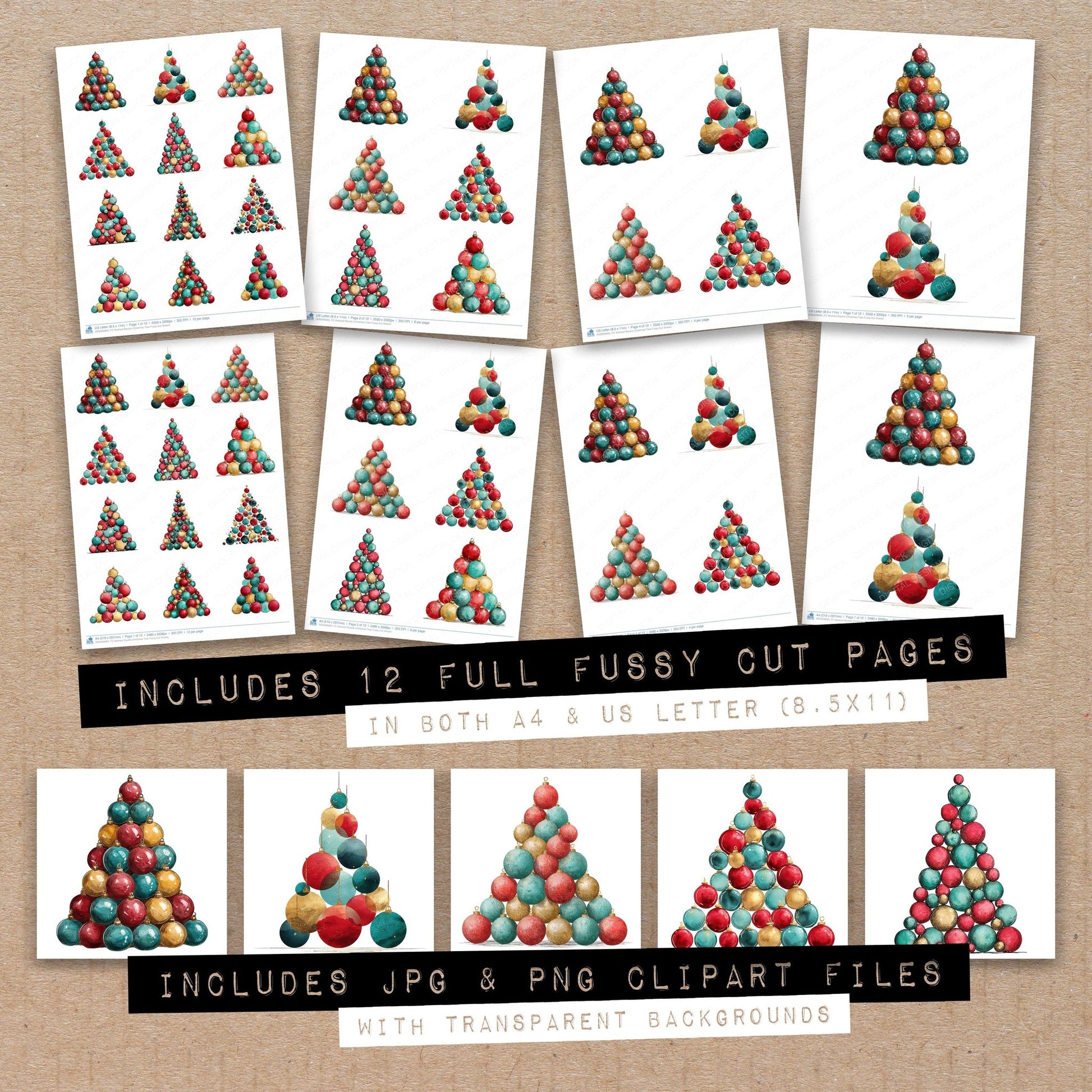 Full collection view of Abstract Bauble Christmas Tree fussy cut sheets with bonus clipart JPG and PNG files