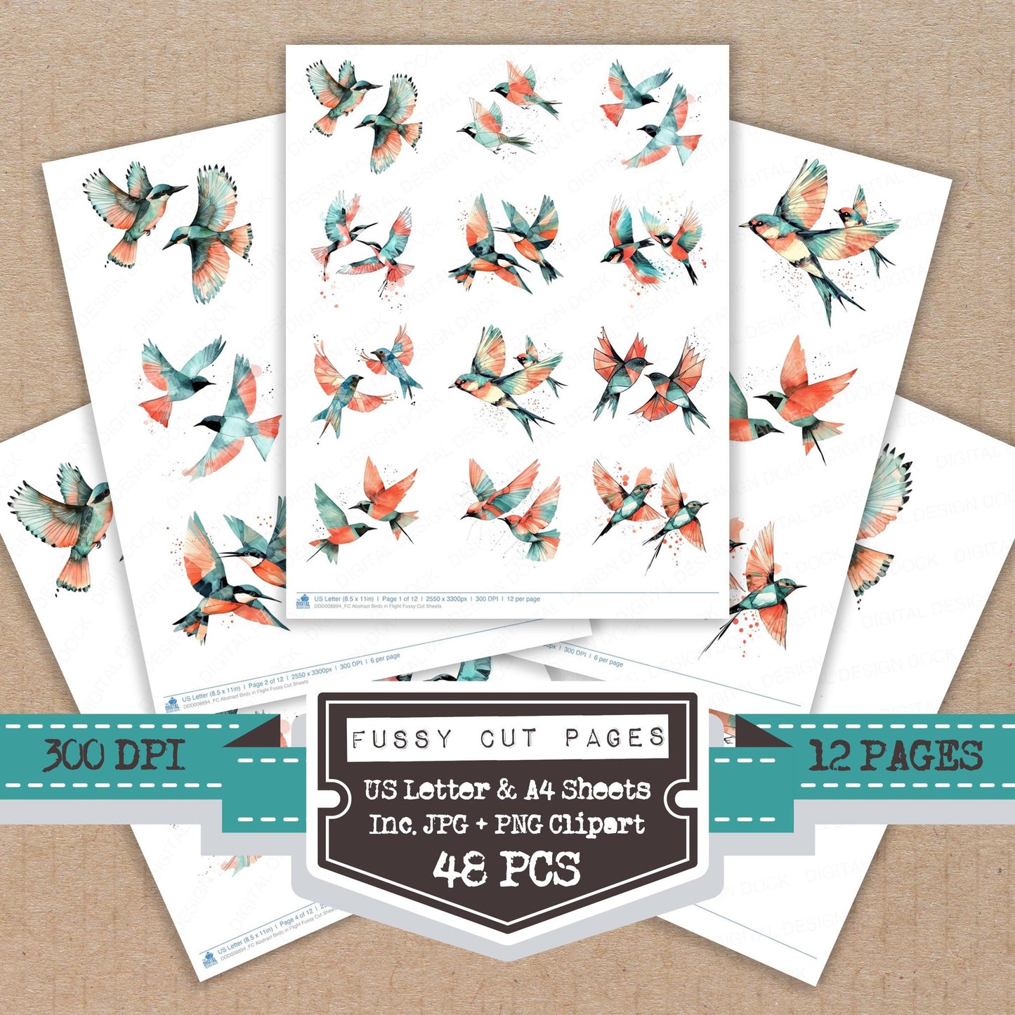 Abstract Birds in Flight fussy cut printable sheets for junk journaling, scrapbooking, and paper craft projects