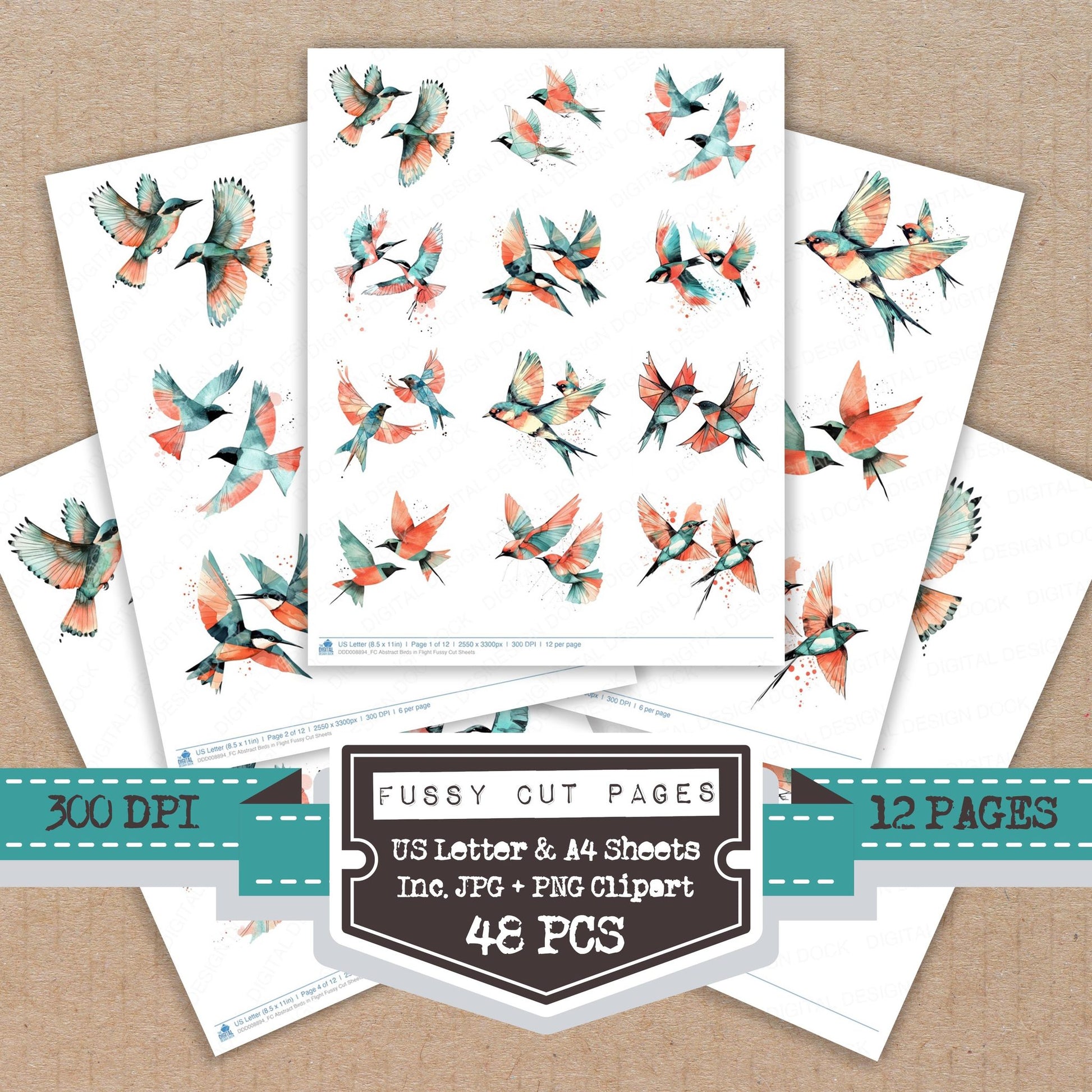 Abstract Birds in Flight fussy cut printable sheets for junk journaling, scrapbooking, and paper craft projects