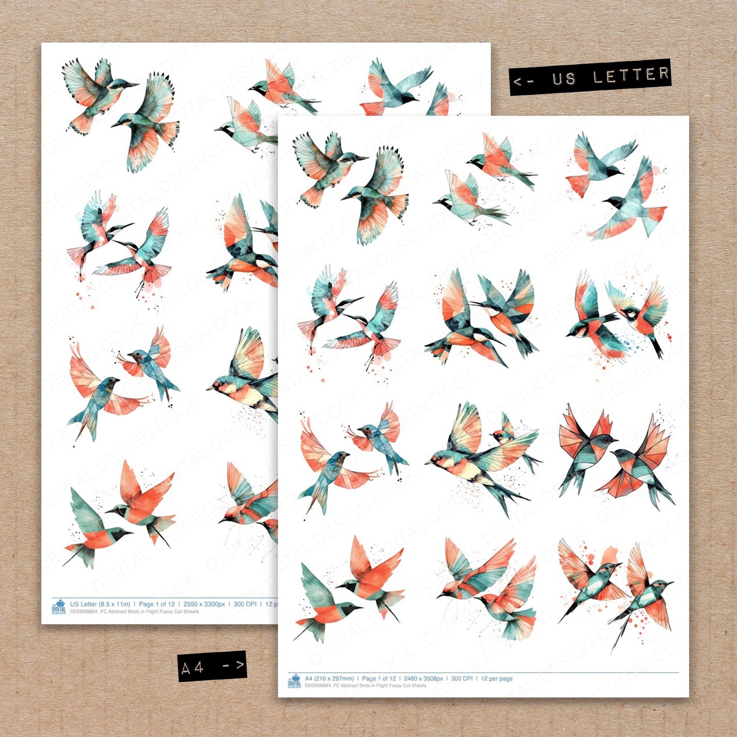 A4 and US Letter format comparison showing Abstract Birds in Flight fussy cut pages for print and cut crafting