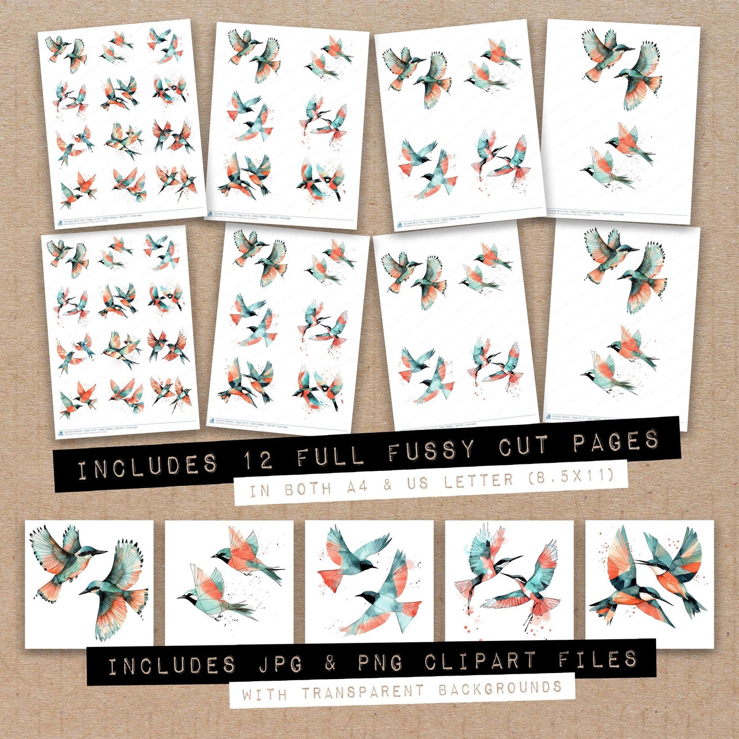 Full collection view of Abstract Birds in Flight fussy cut sheets with bonus clipart JPG and PNG files