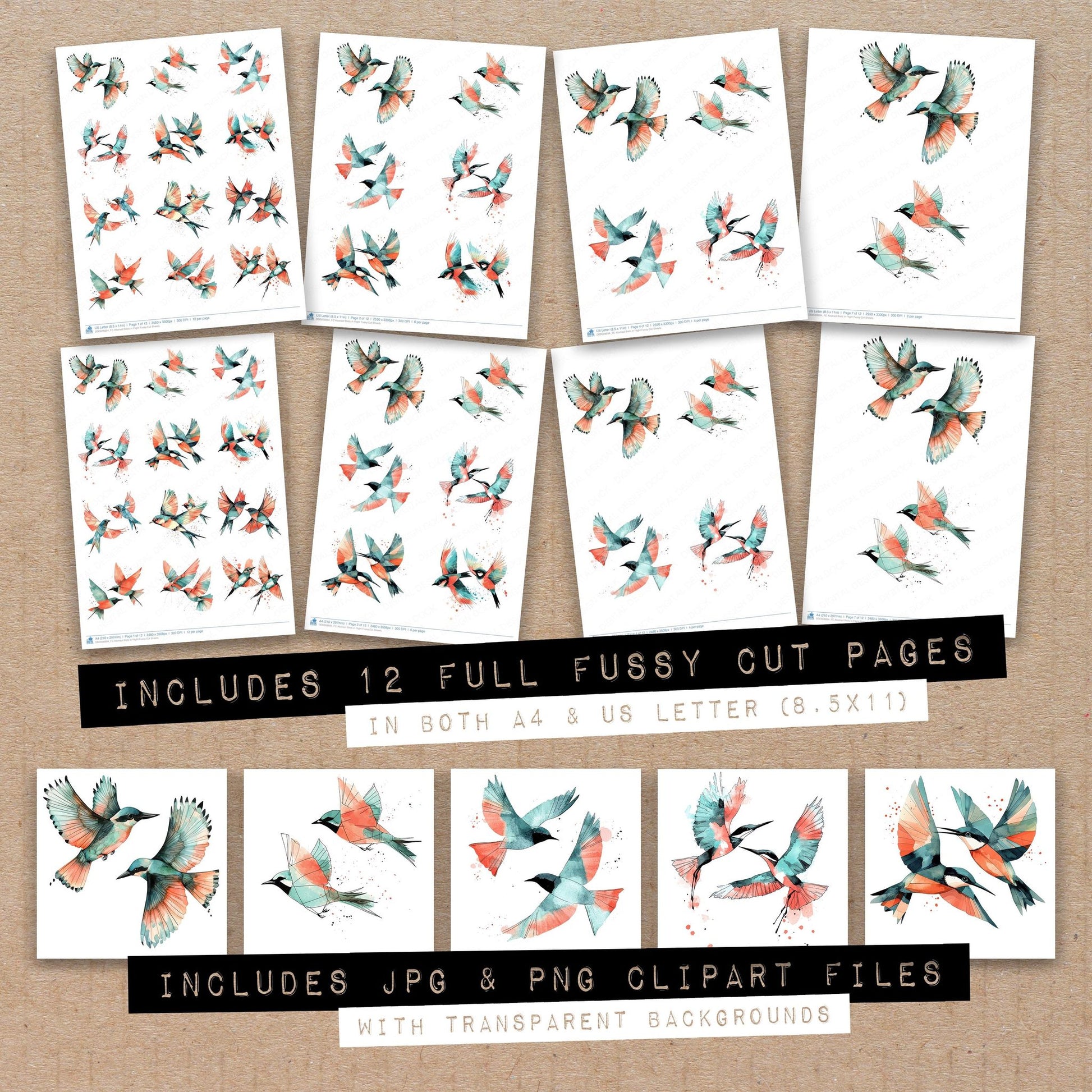 Full collection view of Abstract Birds in Flight fussy cut sheets with bonus clipart JPG and PNG files