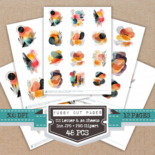 Abstract Boho Shape Design fussy cut printable sheets for junk journaling, scrapbooking, and paper craft projects