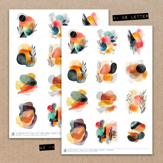 A4 and US Letter format comparison showing Abstract Boho Shape Design fussy cut pages for print and cut crafting