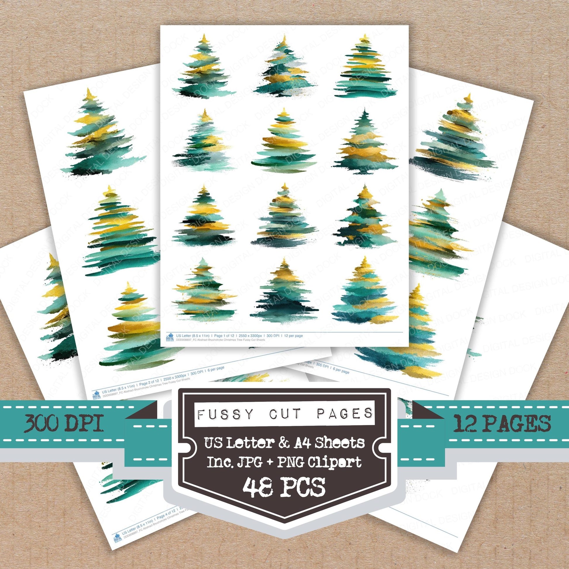 Abstract Brushstroke Christmas Tree fussy cut printable sheets for junk journaling, scrapbooking, and paper craft projects