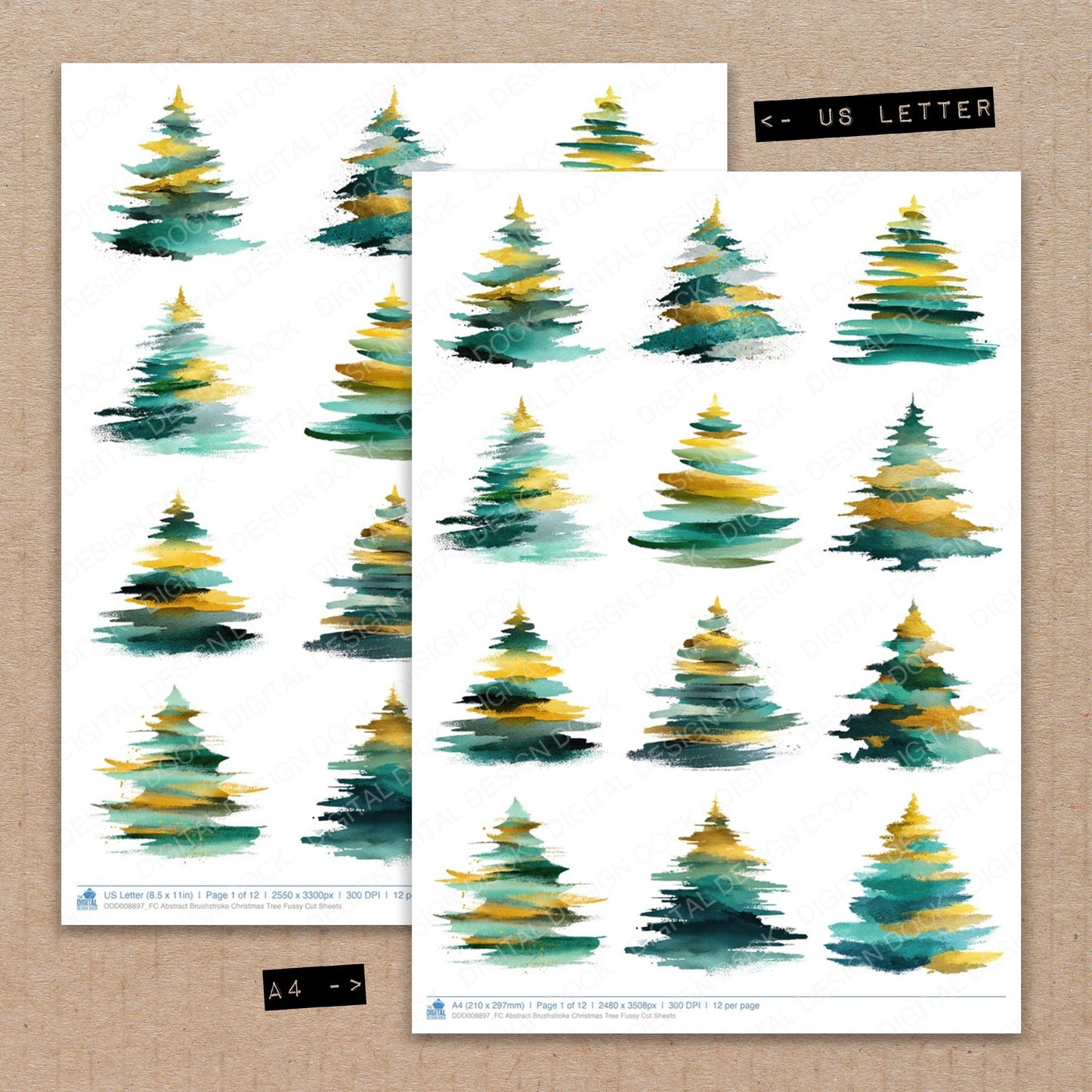 A4 and US Letter format comparison showing Abstract Brushstroke Christmas Tree fussy cut pages for print and cut crafting