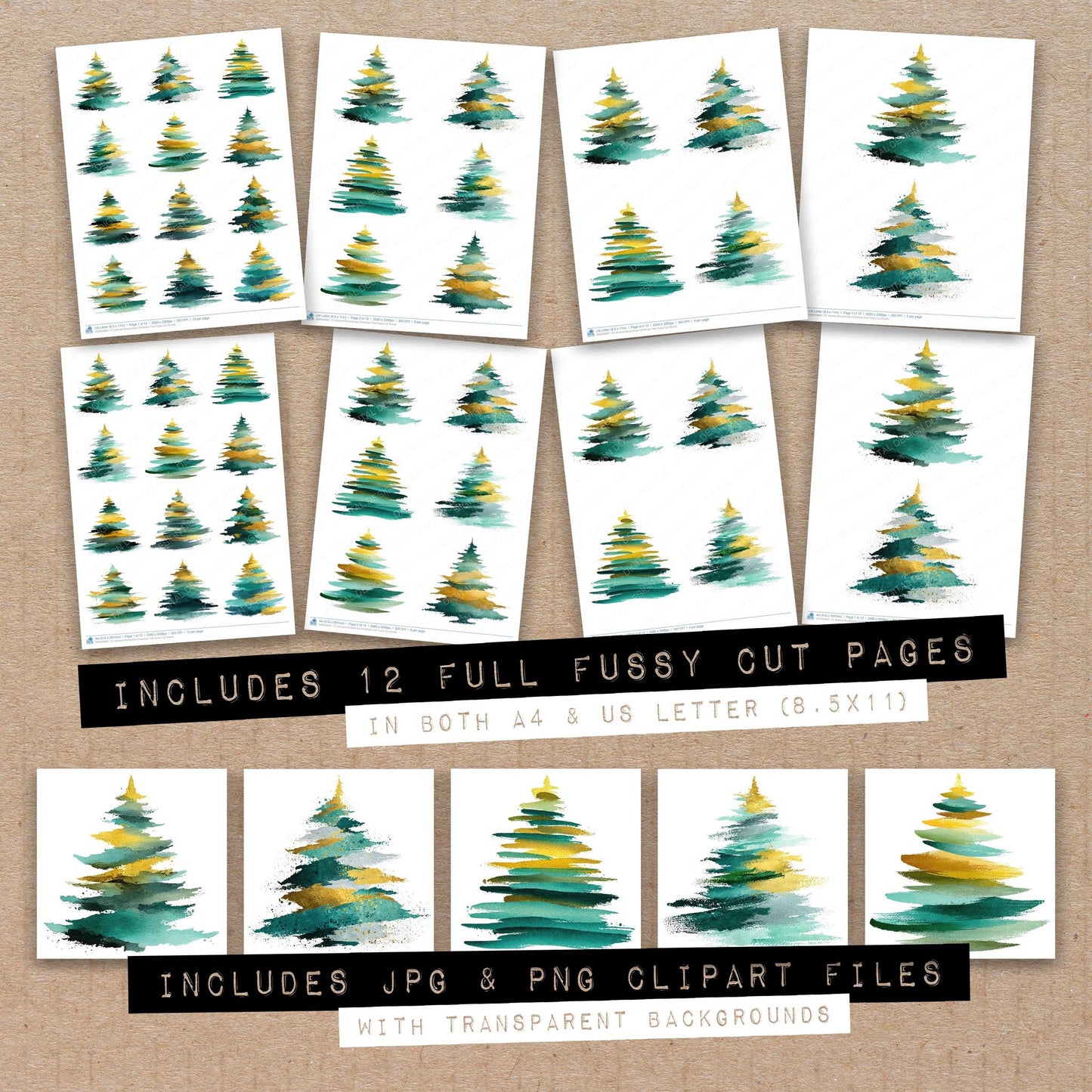 Full collection view of Abstract Brushstroke Christmas Tree fussy cut sheets with bonus clipart JPG and PNG files