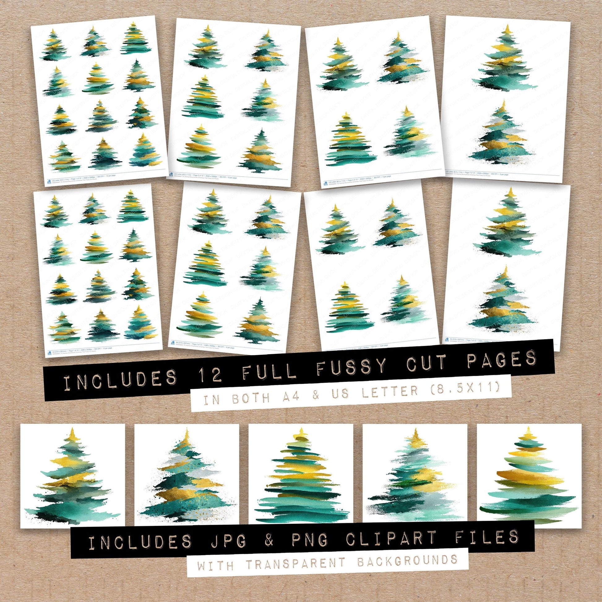 Full collection view of Abstract Brushstroke Christmas Tree fussy cut sheets with bonus clipart JPG and PNG files