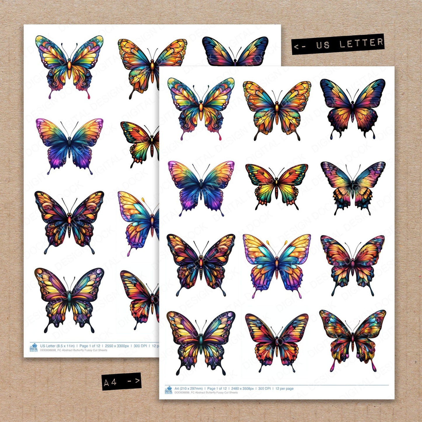 A4 and US Letter format comparison showing Abstract Butterfly fussy cut pages for print and cut crafting