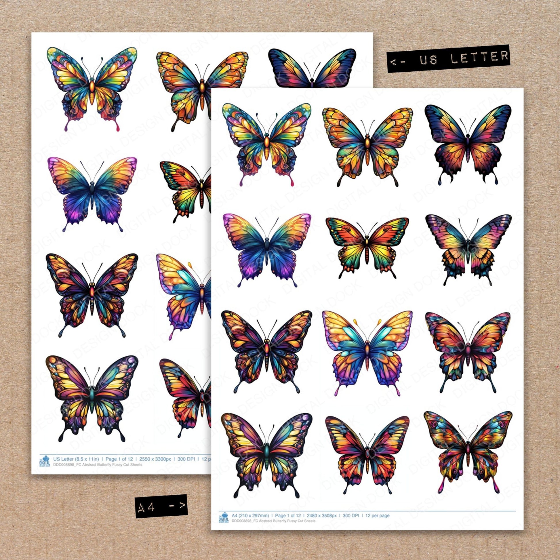 A4 and US Letter format comparison showing Abstract Butterfly fussy cut pages for print and cut crafting