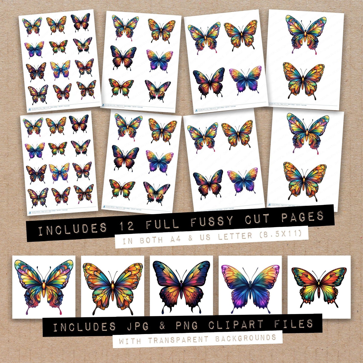 Full collection view of Abstract Butterfly fussy cut sheets with bonus clipart JPG and PNG files