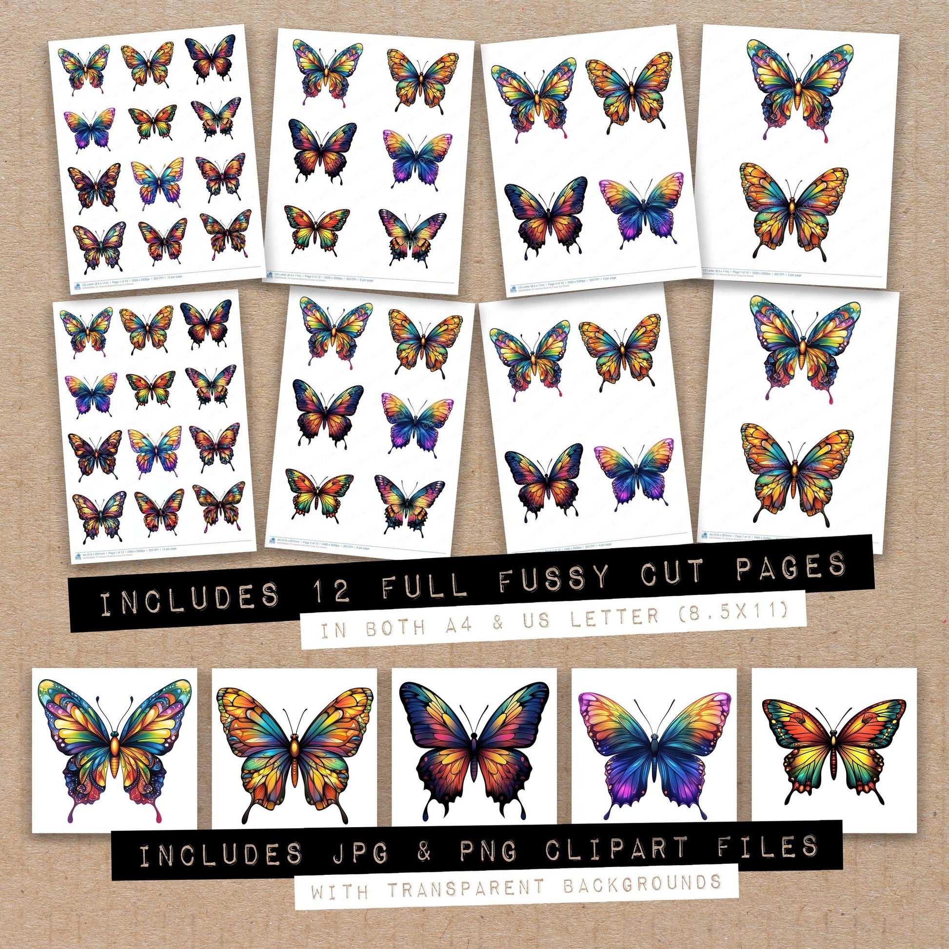 Full collection view of Abstract Butterfly fussy cut sheets with bonus clipart JPG and PNG files
