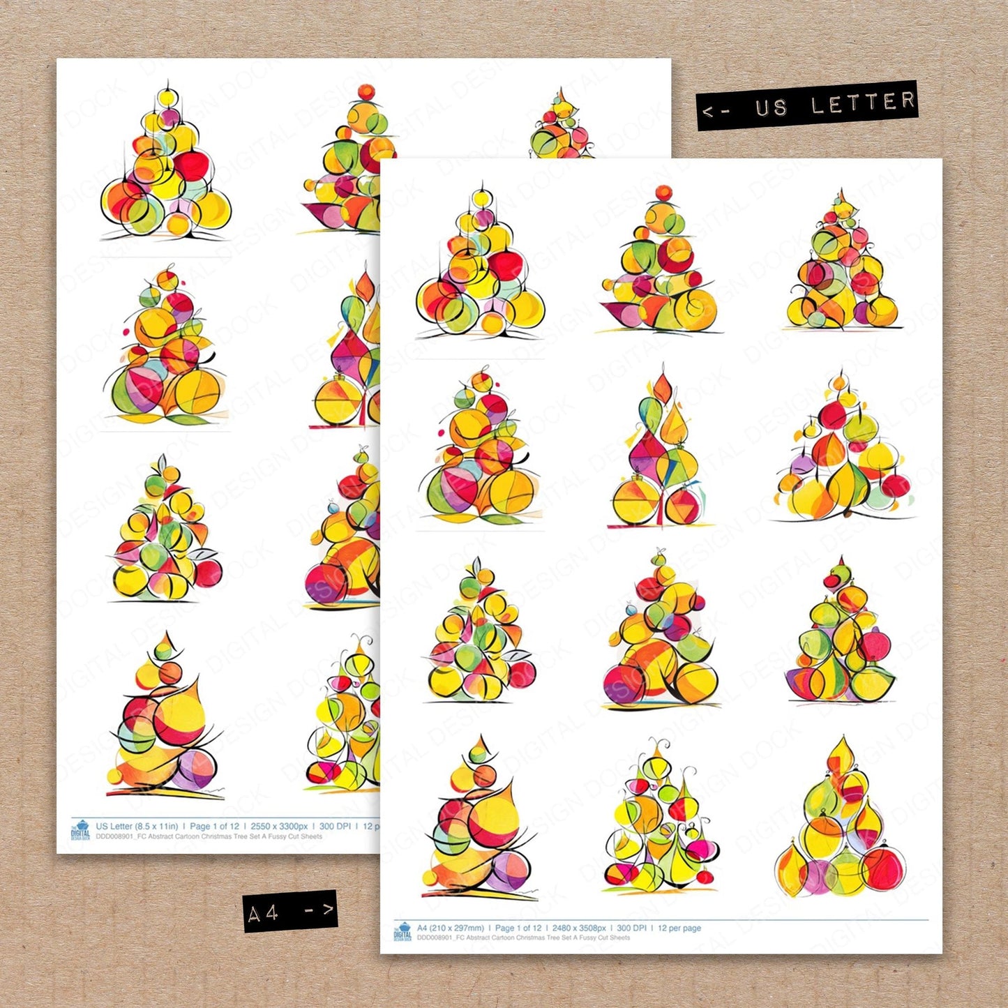 Abstract Cartoon Christmas Tree Set A Fussy Cut Sheets (DDD008901)