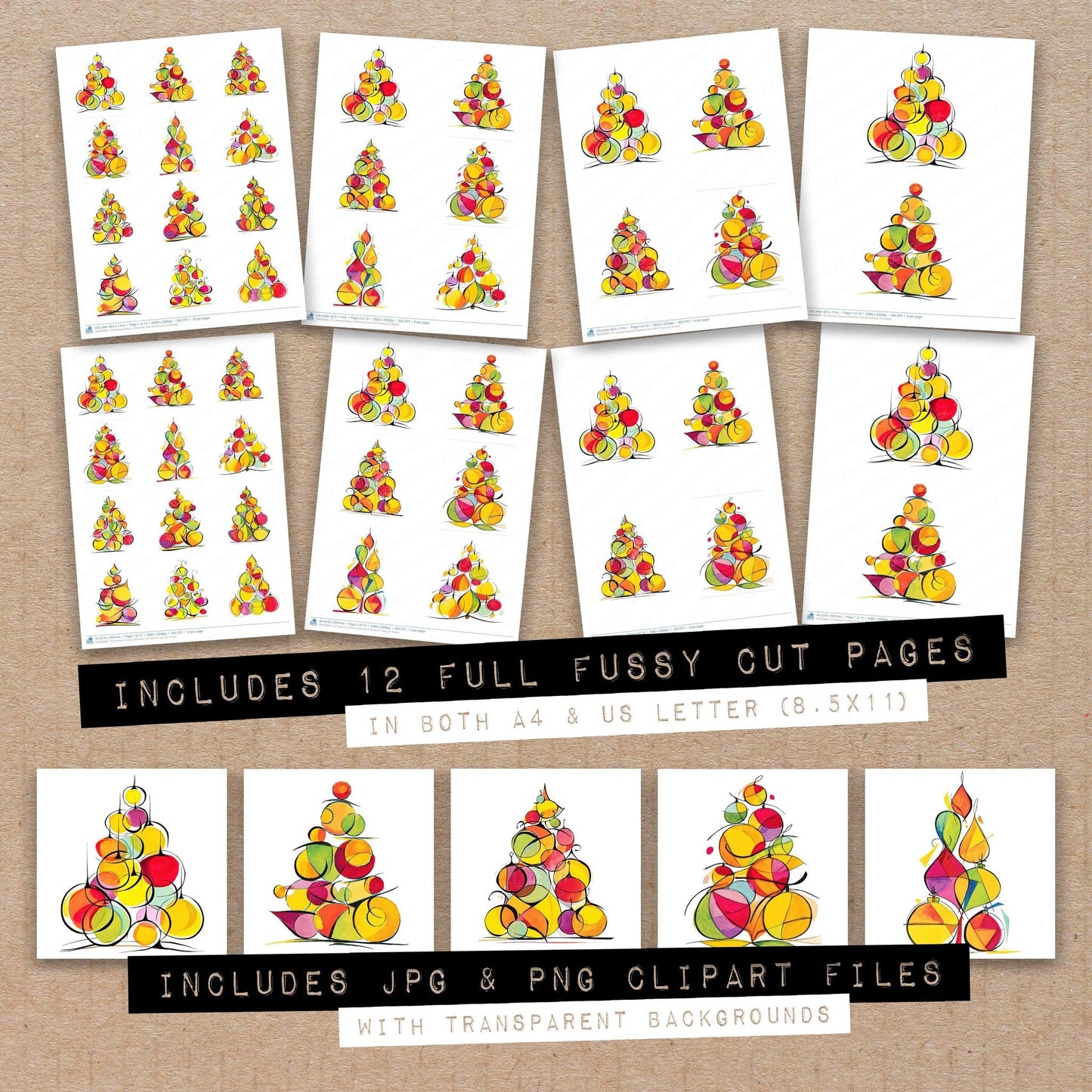 Abstract Cartoon Christmas Tree Set A Fussy Cut Sheets (DDD008901)