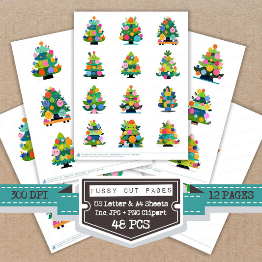 Abstract Cartoon Christmas Tree B fussy cut printable sheets for junk journaling, scrapbooking, and paper craft projects