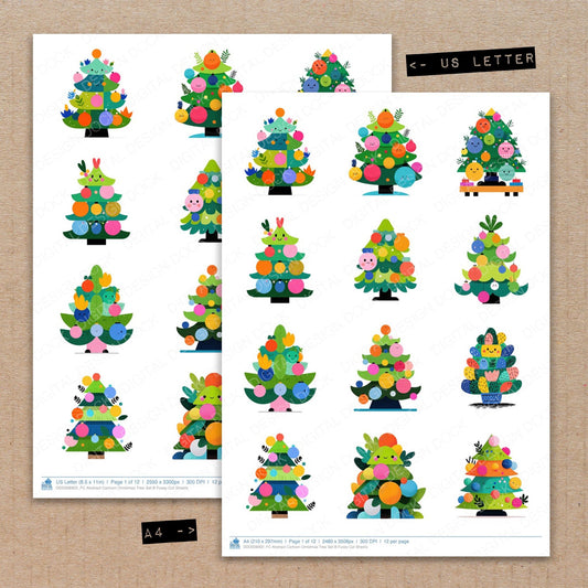 A4 and US Letter format comparison showing Abstract Cartoon Christmas Tree B fussy cut pages for print and cut crafting