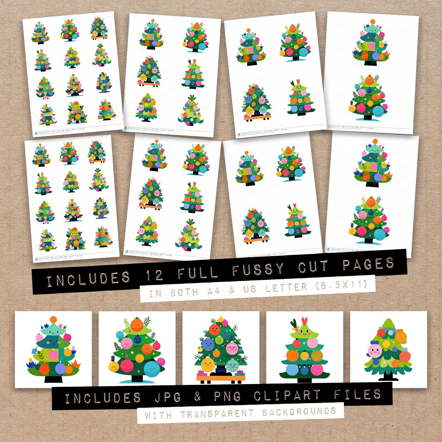 Full collection view of Abstract Cartoon Christmas Tree B fussy cut sheets with bonus clipart JPG and PNG files