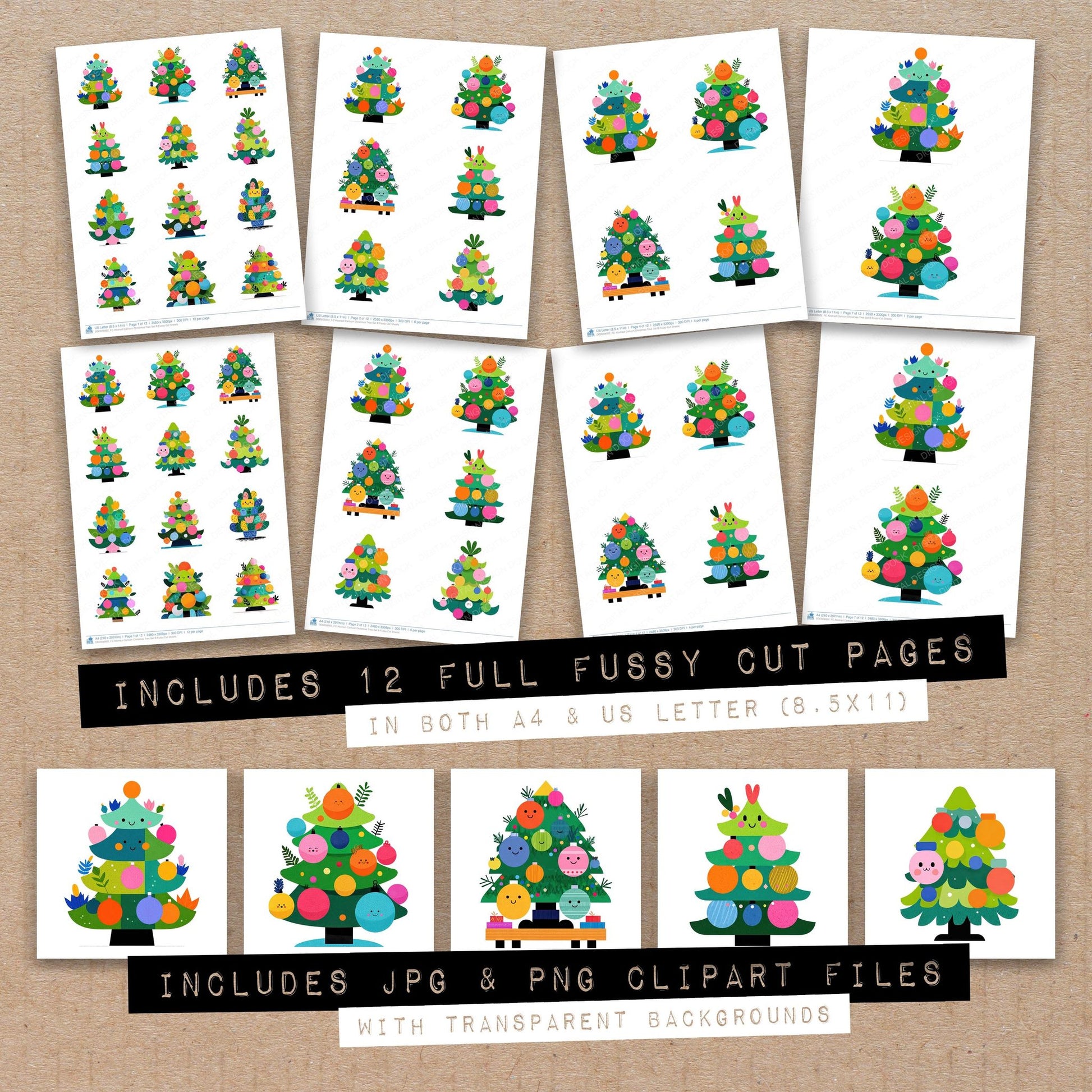 Full collection view of Abstract Cartoon Christmas Tree B fussy cut sheets with bonus clipart JPG and PNG files