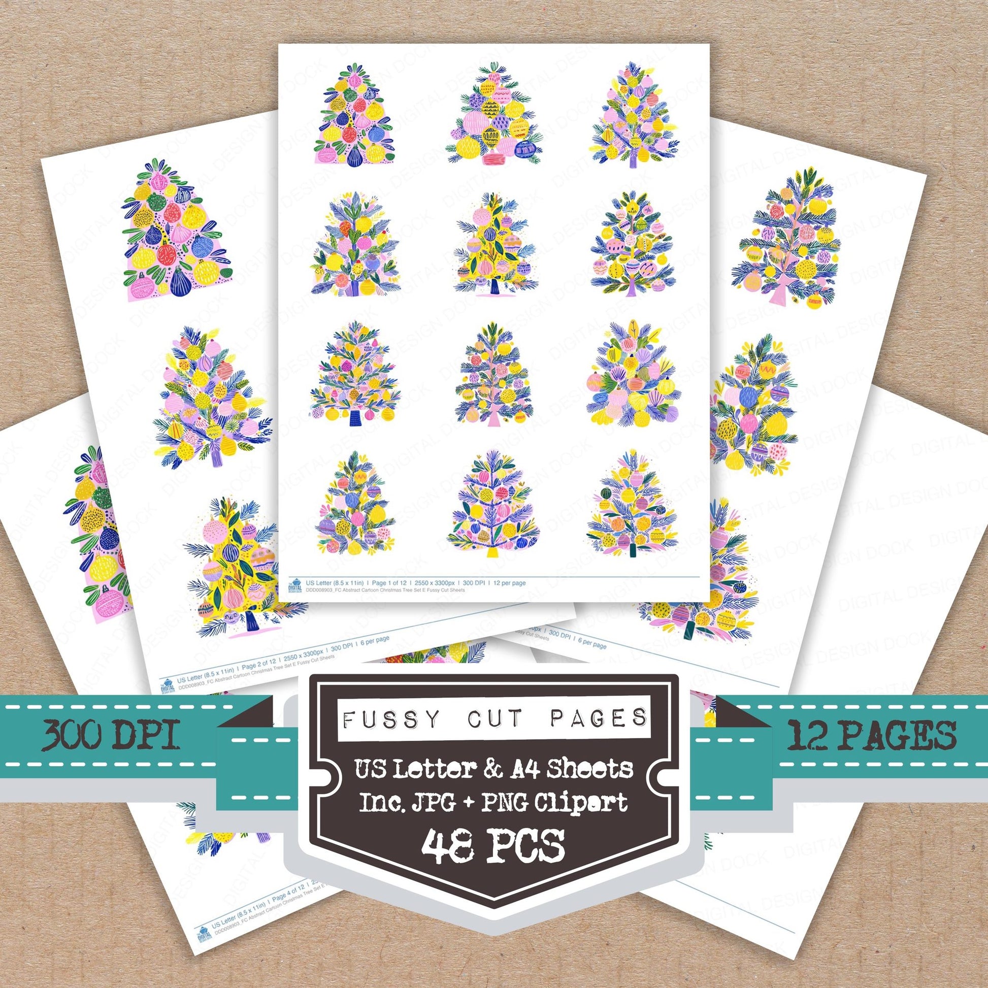 Abstract Cartoon Christmas Tree E fussy cut printable sheets for junk journaling, scrapbooking, and paper craft projects