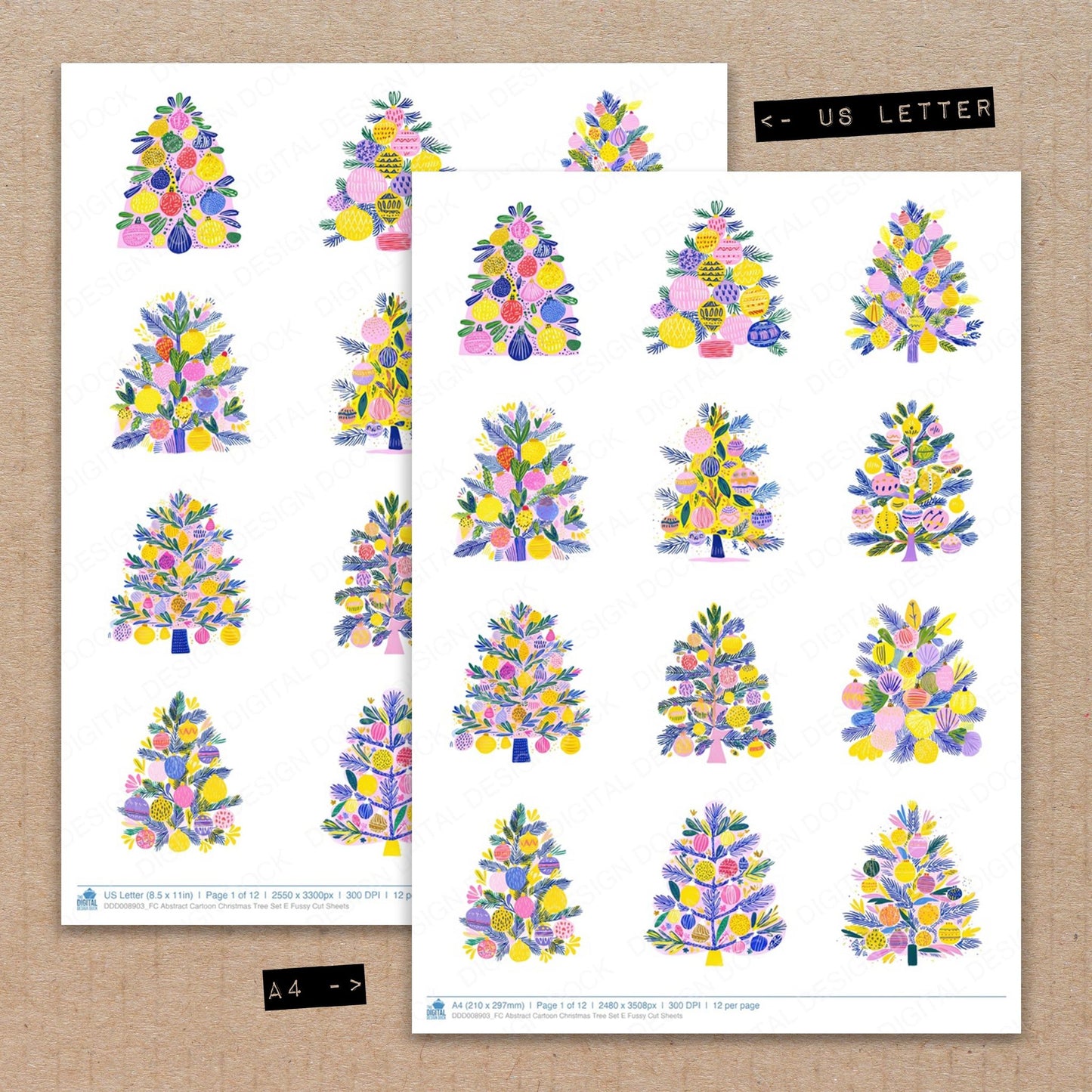 A4 and US Letter format comparison showing Abstract Cartoon Christmas Tree E fussy cut pages for print and cut crafting