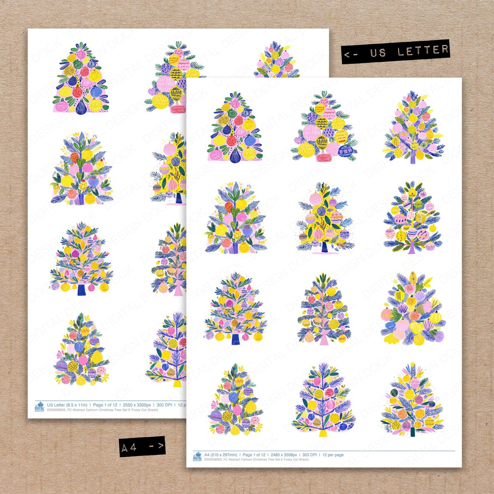 A4 and US Letter format comparison showing Abstract Cartoon Christmas Tree E fussy cut pages for print and cut crafting