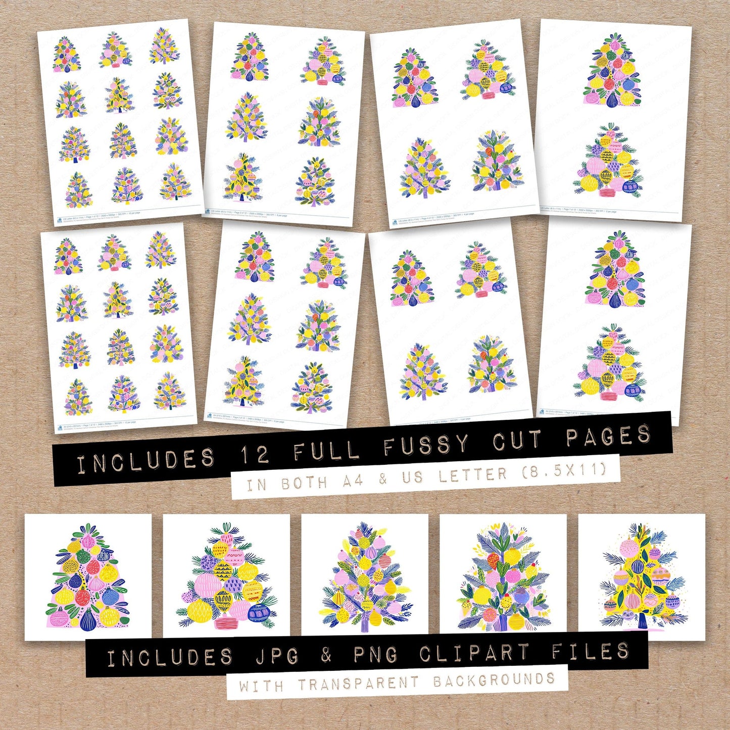 Full collection view of Abstract Cartoon Christmas Tree E fussy cut sheets with bonus clipart JPG and PNG files